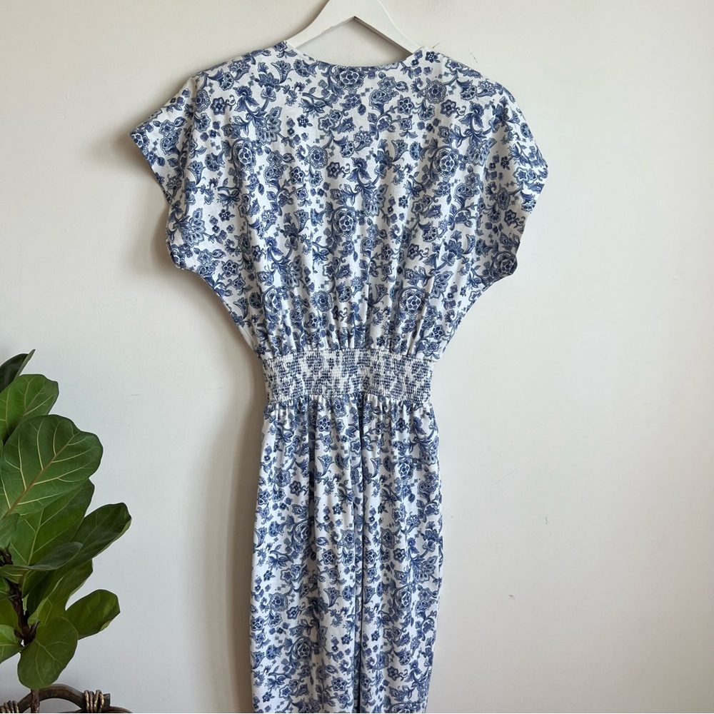 Vintage 80s 90s Jumpsuit Floral Print Blue White Size 8 Romper Cotton Polyester - Picture 4 of 8